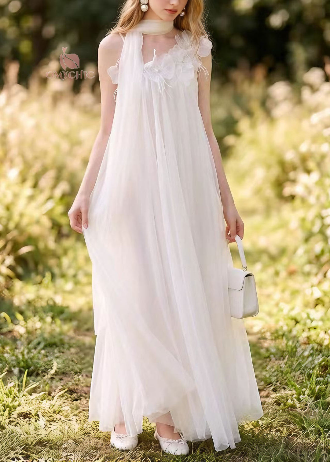 Boutique White Floral Nail Bead Tulle Long Dress Summer