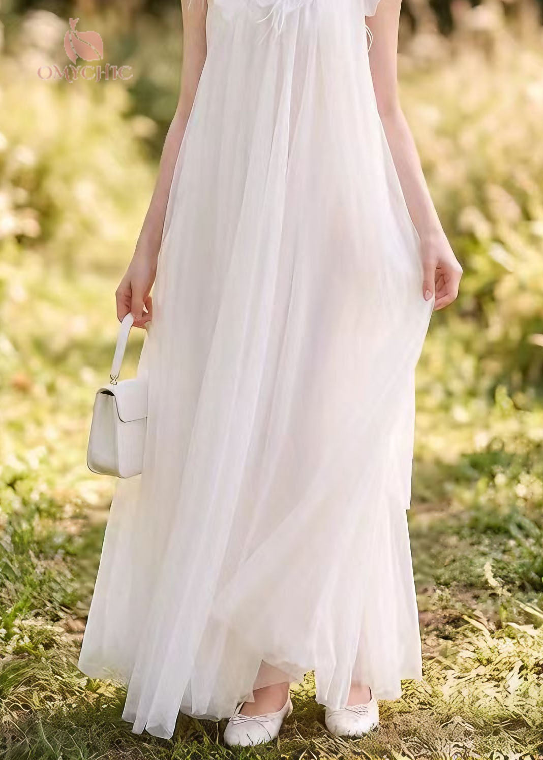 Boutique White Floral Nail Bead Tulle Long Dress Summer
