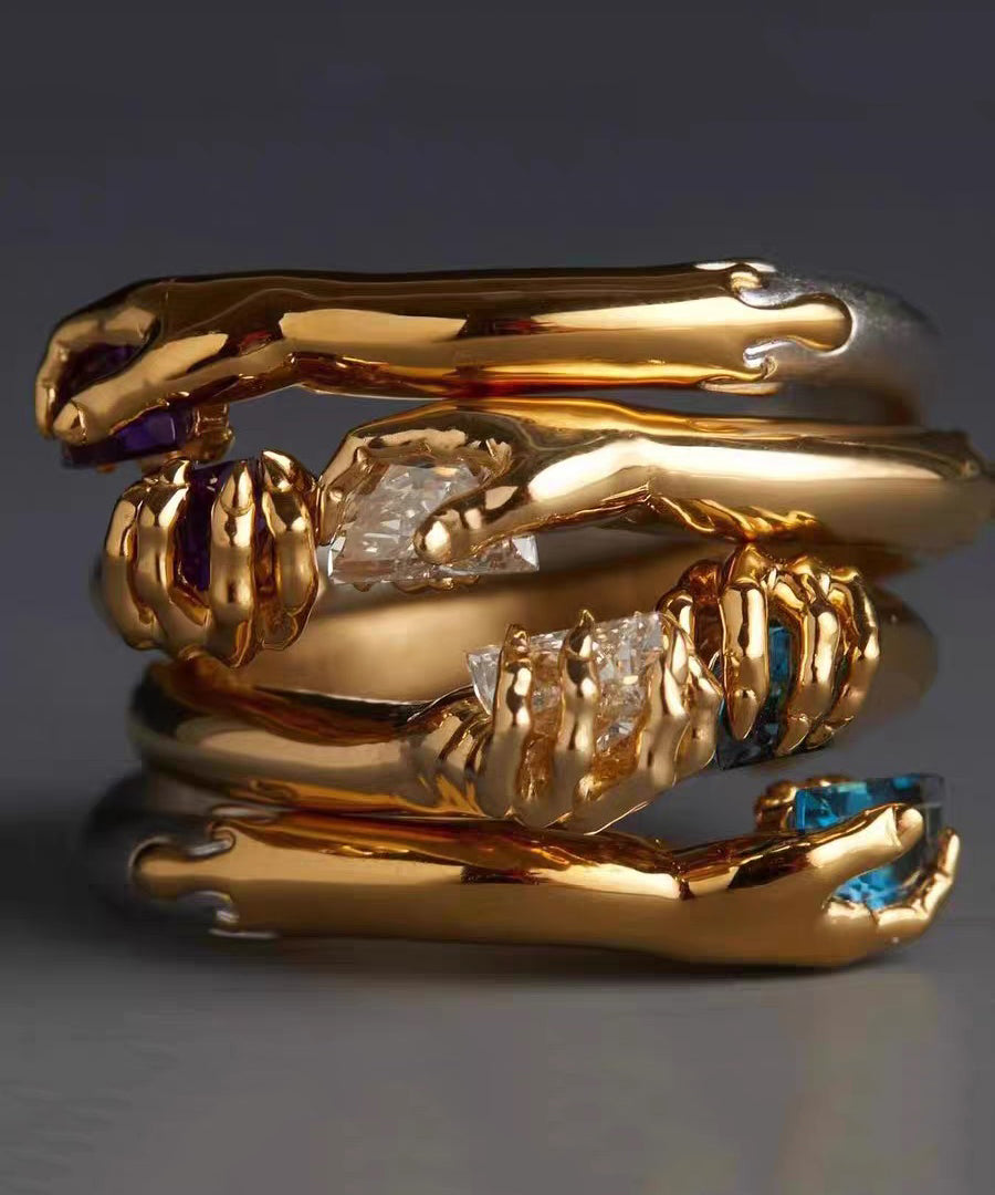 Boutique White Hand Zircon Open Mouth 14K Gold Bangl - Omychic