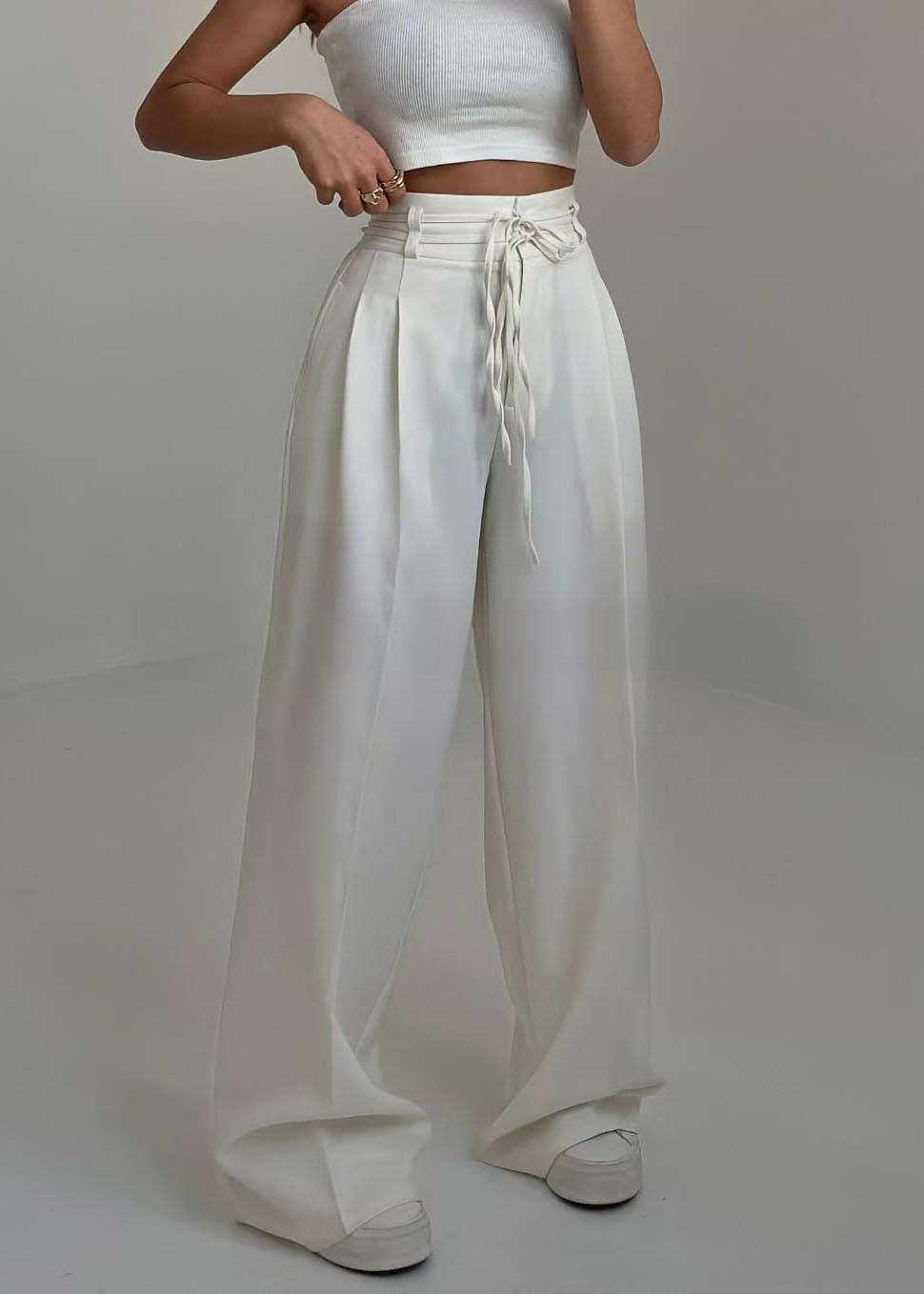 Boutique White High Waist Draping Spandex Straight Pants Summer