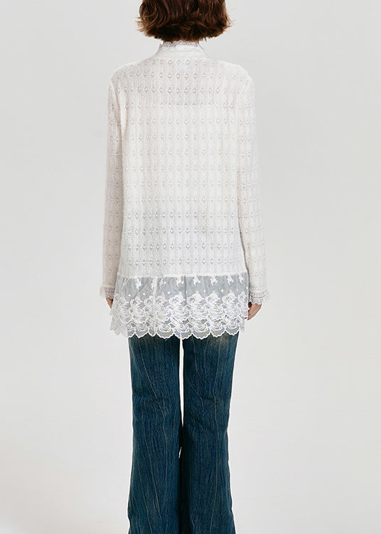 Boutique White Hign Neck Patchwork Lace Top Spring