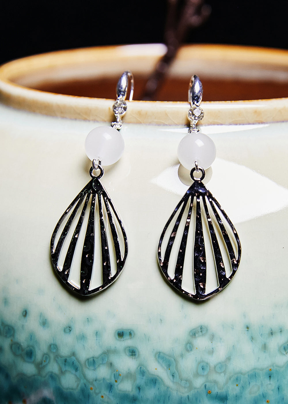 Boutique White Hollow Out Gem Stone Drop Earrings