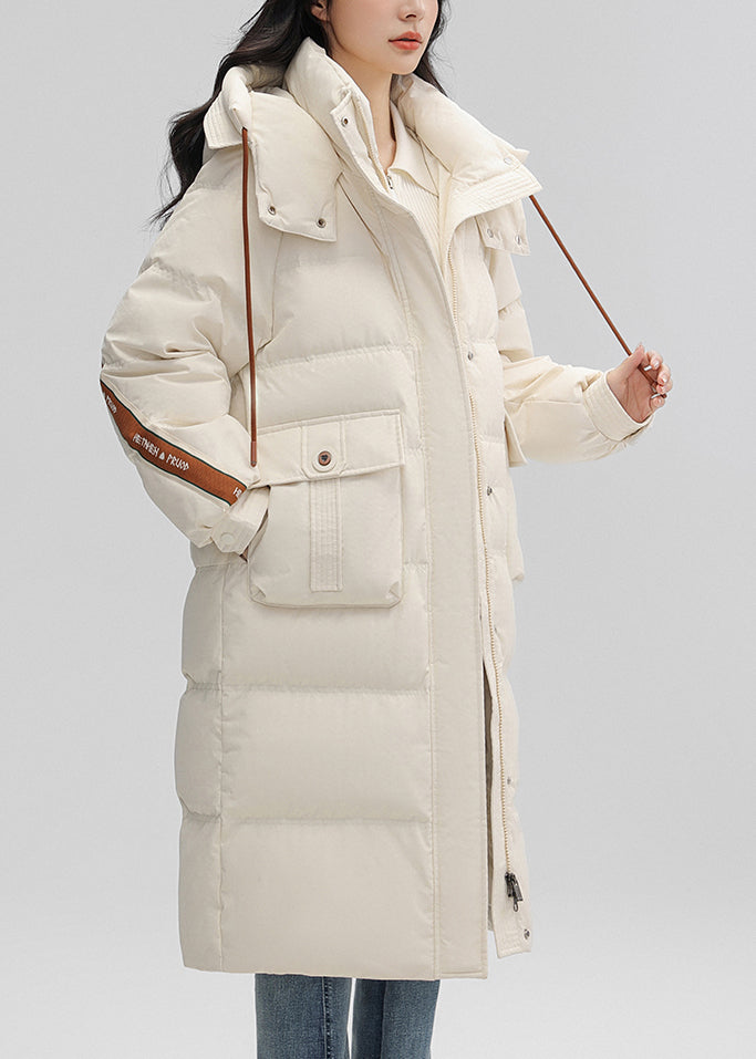 Boutique White Hooded Pockets Duck Down Puffers Jackets Winter