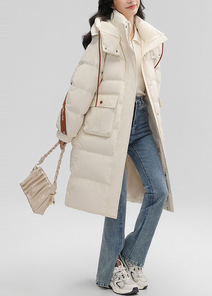 Boutique White Hooded Pockets Duck Down Puffers Jackets Winter