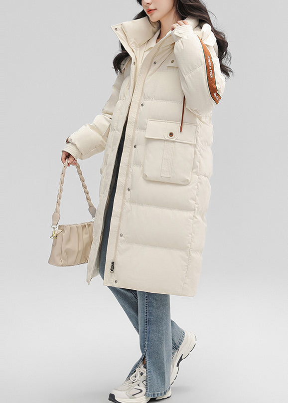 Boutique White Hooded Pockets Duck Down Puffers Jackets Winter