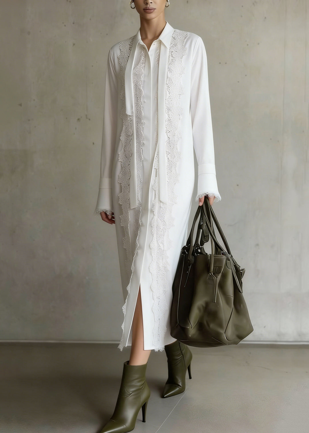 Boutique White Lace Patchwork Chiffon Shirts Dress Spring