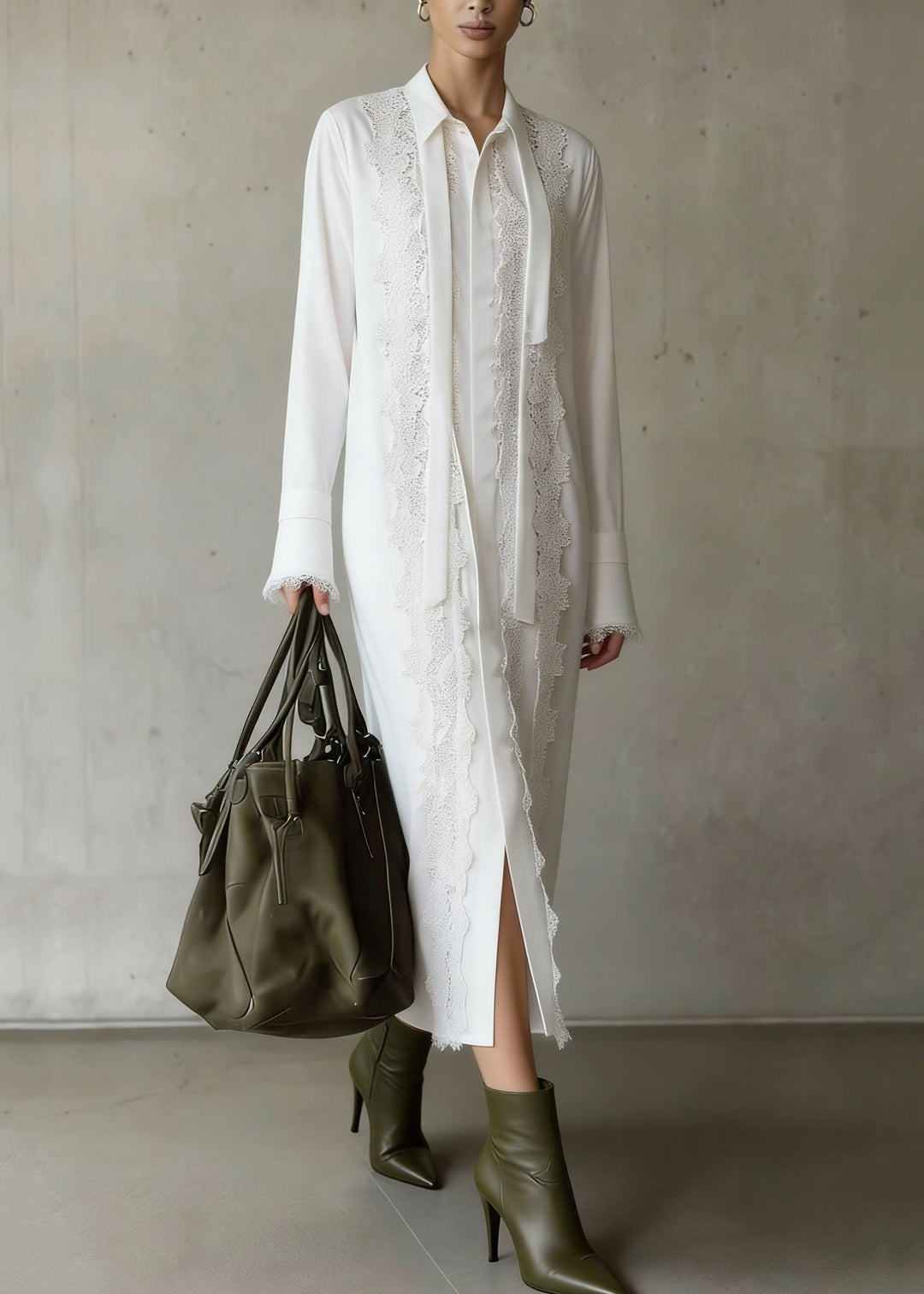 Boutique White Lace Patchwork Chiffon Shirts Dress Spring