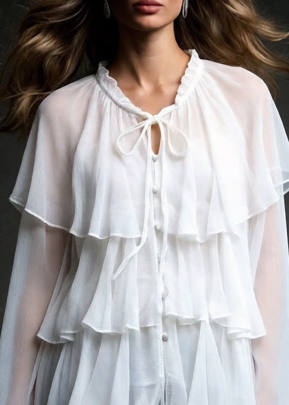 Boutique White Lace Up Ruffled Chiffon Shirt Spring - Omychic