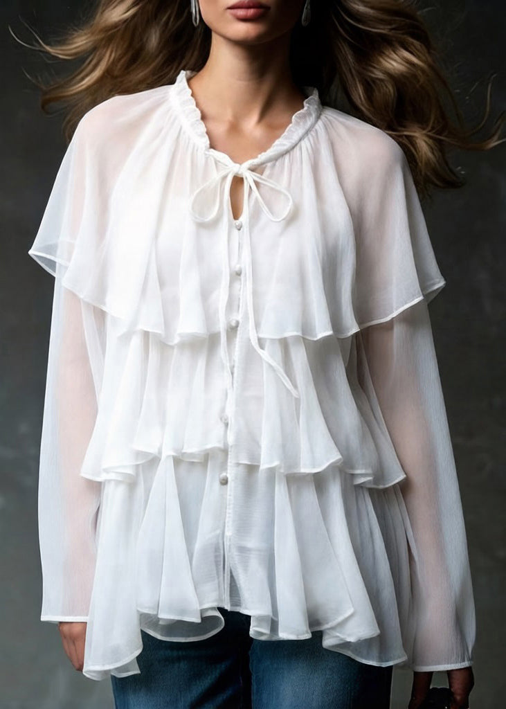 Boutique White Lace Up Ruffled Chiffon Shirt Spring - Omychic
