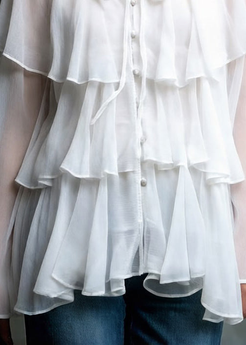 Boutique White Lace Up Ruffled Chiffon Shirt Spring - Omychic