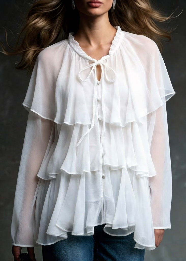 Boutique White Lace Up Ruffled Chiffon Shirt Spring - Omychic