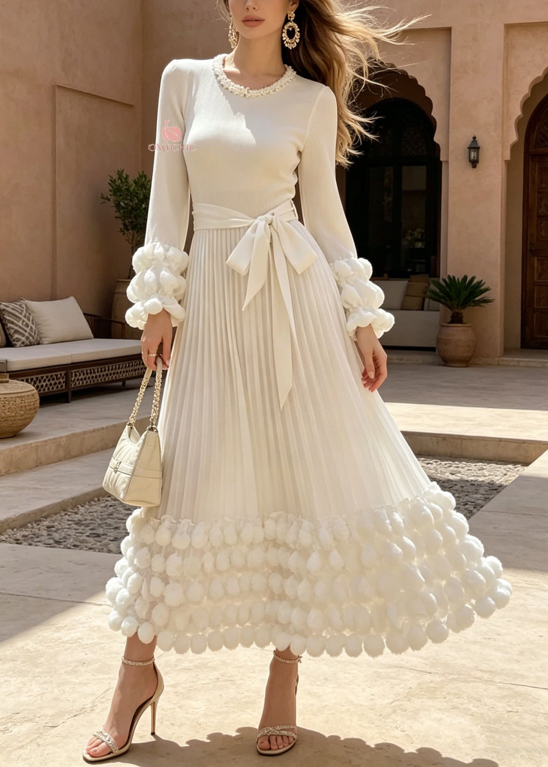 Boutique White O Neck Nail Bead Puff Wrinkled Cotton Dresses Fall