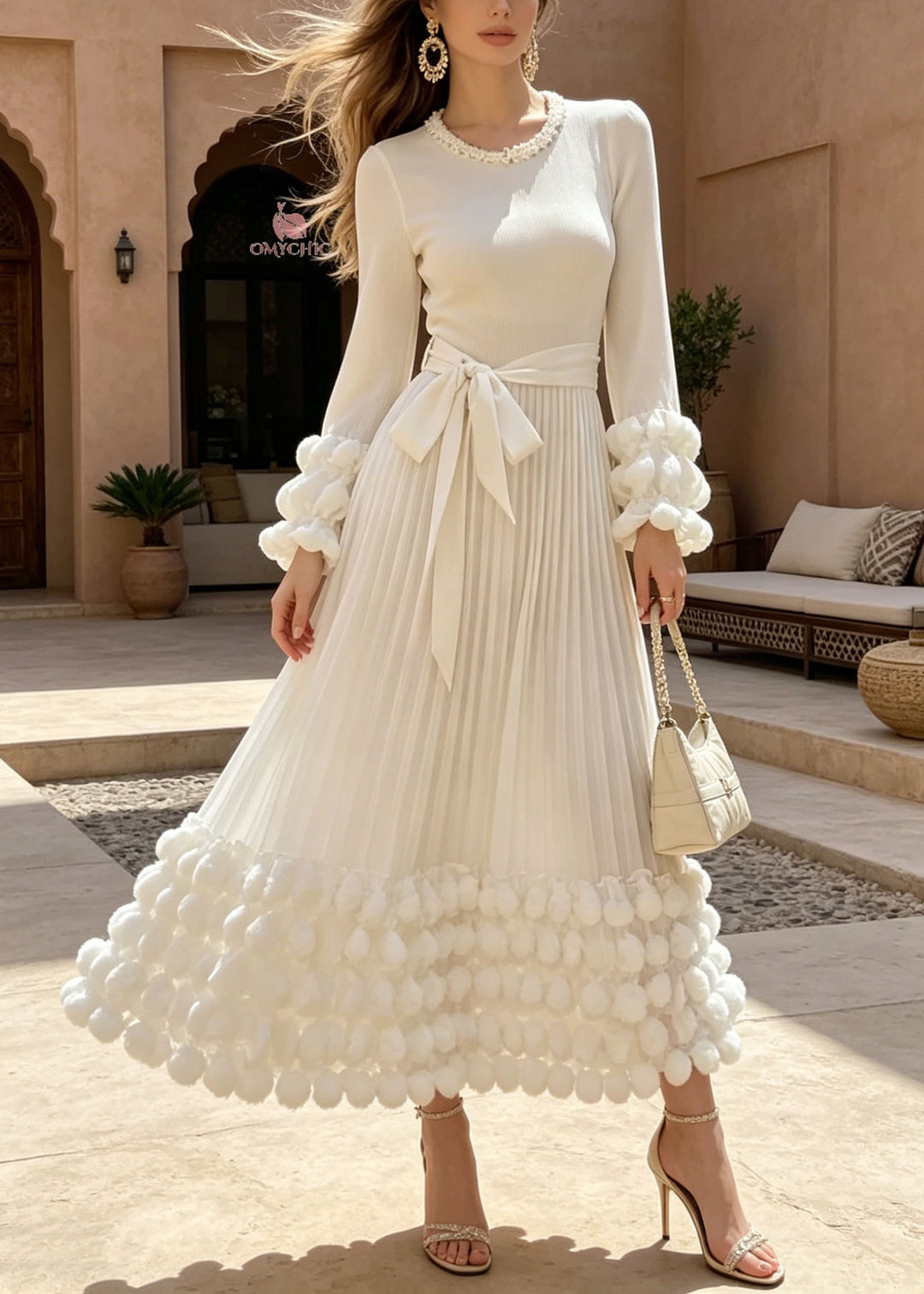 Boutique White O Neck Nail Bead Puff Wrinkled Cotton Dresses Fall