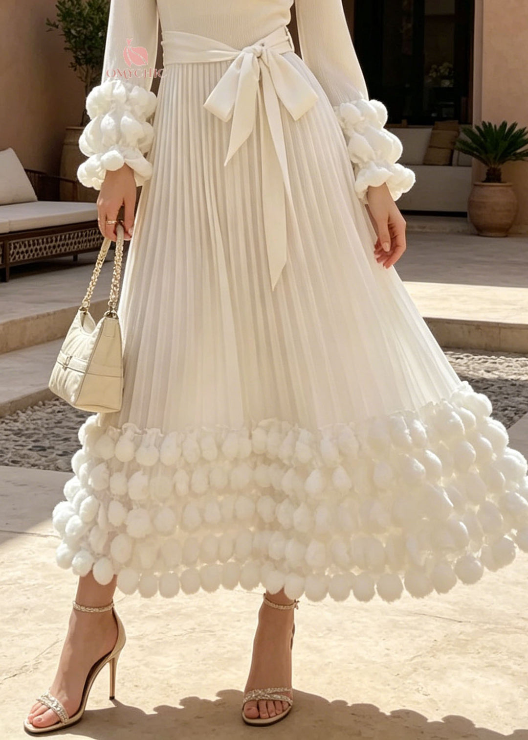 Boutique White O Neck Nail Bead Puff Wrinkled Cotton Dresses Fall