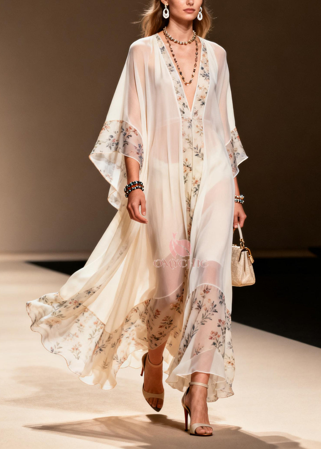 Boutique White Oversized Patchwork Print Chiffon Ankle Dress Summer