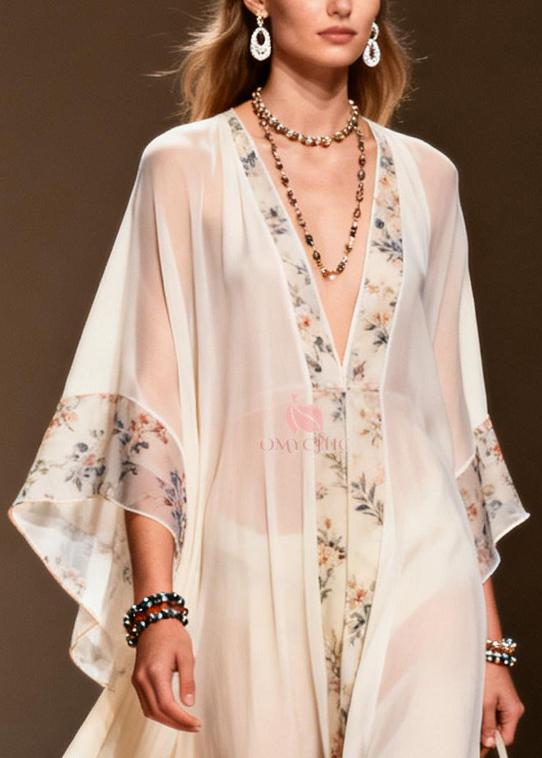 Boutique White Oversized Patchwork Print Chiffon Ankle Dress Summer