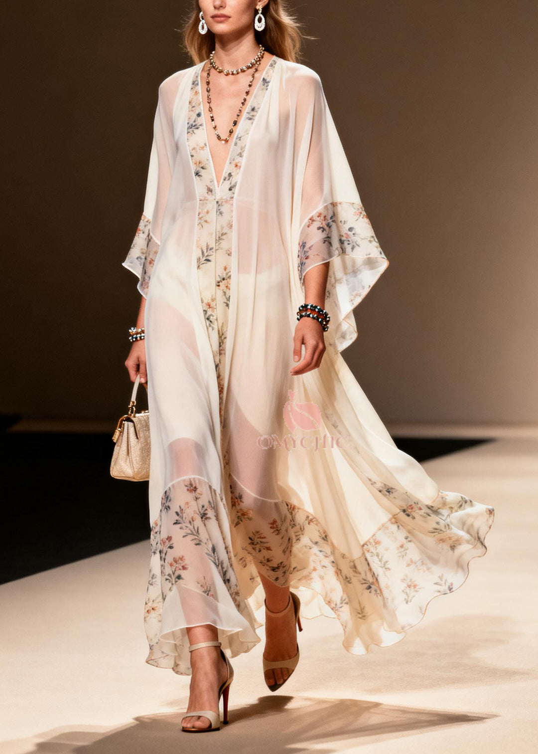 Boutique White Oversized Patchwork Print Chiffon Ankle Dress Summer