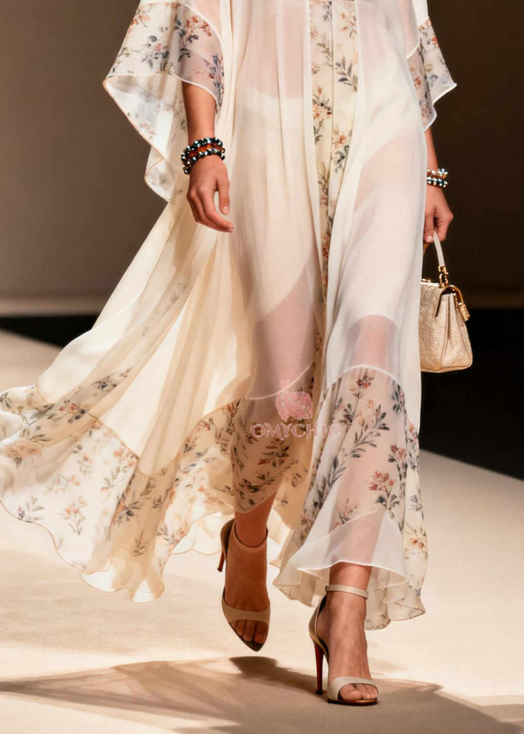 Boutique White Oversized Patchwork Print Chiffon Ankle Dress Summer