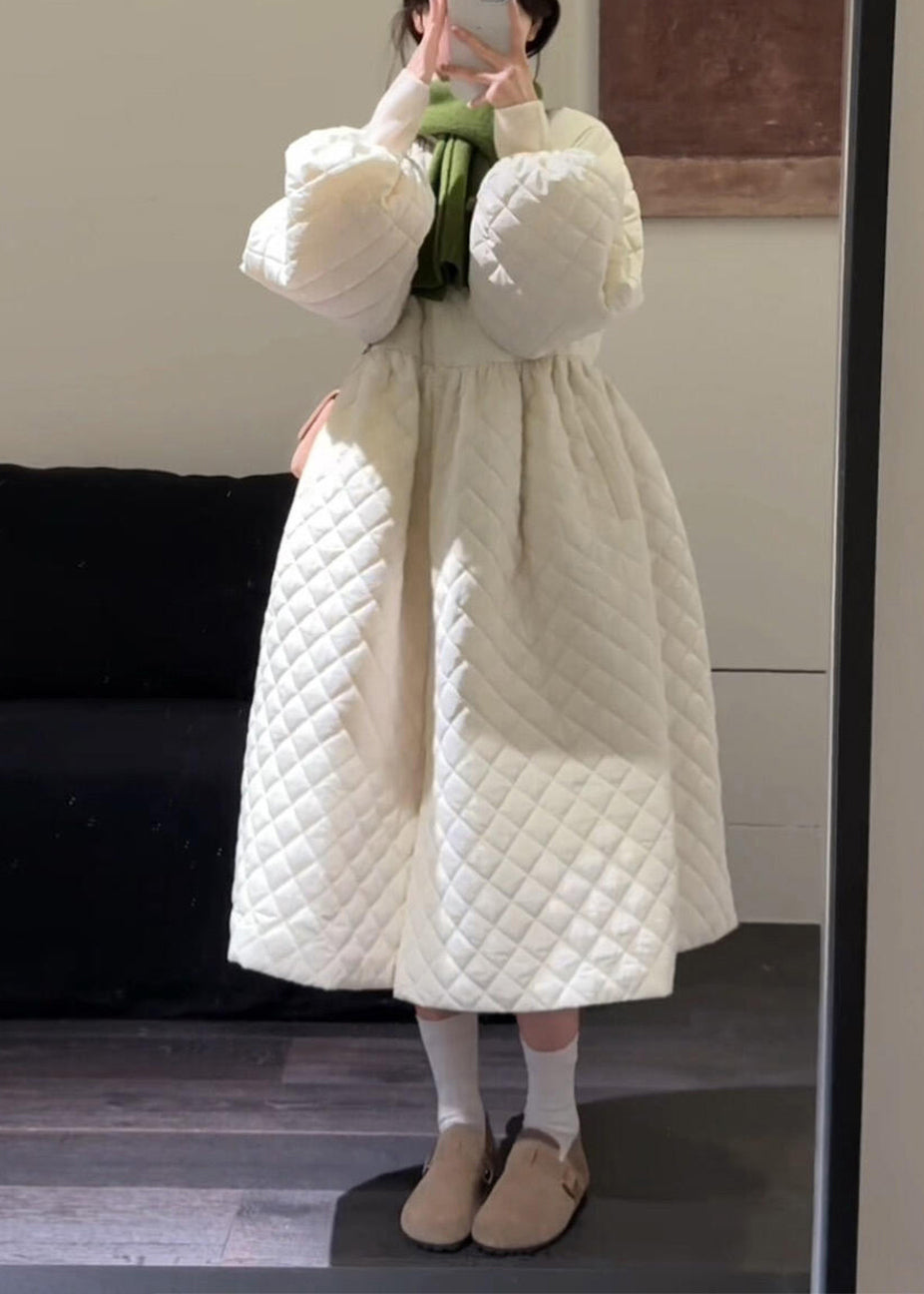 Boutique White Plaid Fine Cotton Filled Witner Coat Lantern Sleeve