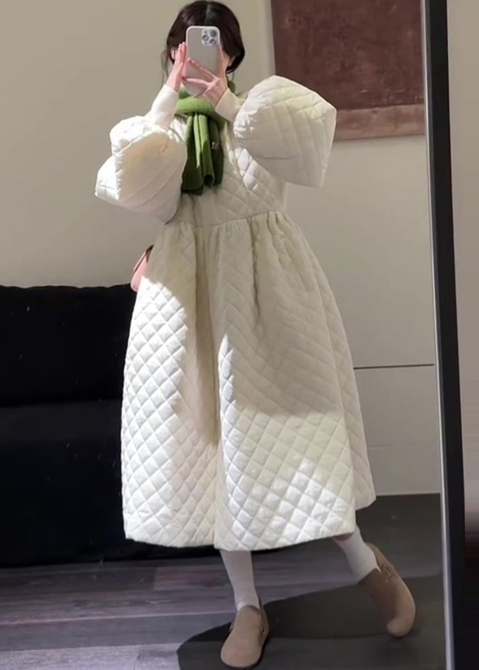 Boutique White Plaid Fine Cotton Filled Witner Coat Lantern Sleeve