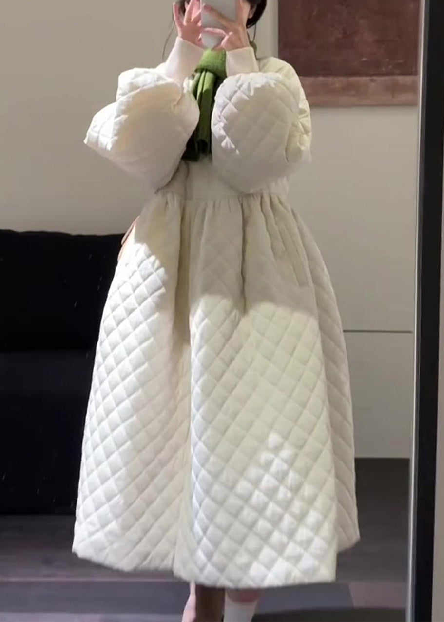 Boutique White Plaid Fine Cotton Filled Witner Coat Lantern Sleeve