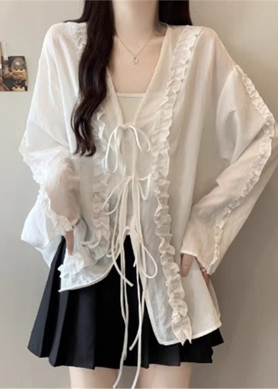 Boutique White Ruffled Lace Up Cotton Tops Fall
