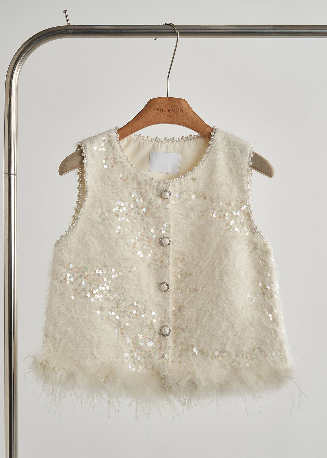 Boutique White Sequins Patchwork Feather Vests Fall