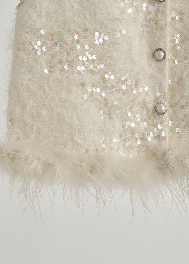 Boutique White Sequins Patchwork Feather Vests Fall
