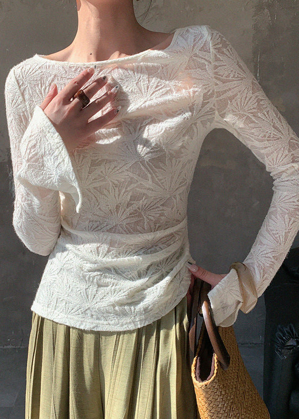 Boutique White Slash Neck Jacquard Wool Knit Tops Spring