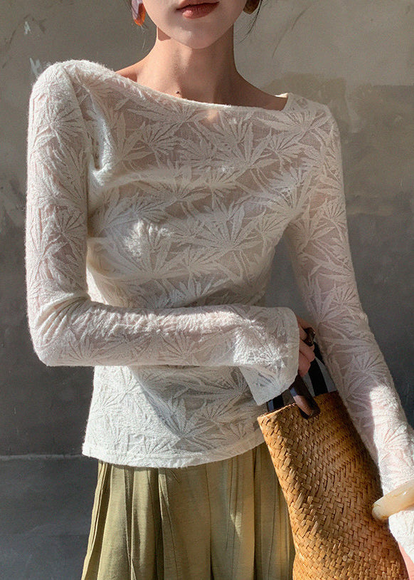 Boutique White Slash Neck Jacquard Wool Knit Tops Spring