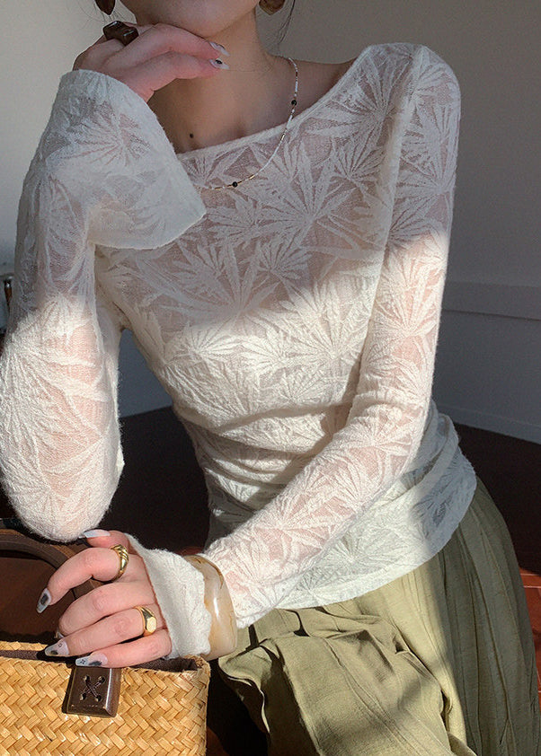 Boutique White Slash Neck Jacquard Wool Knit Tops Spring