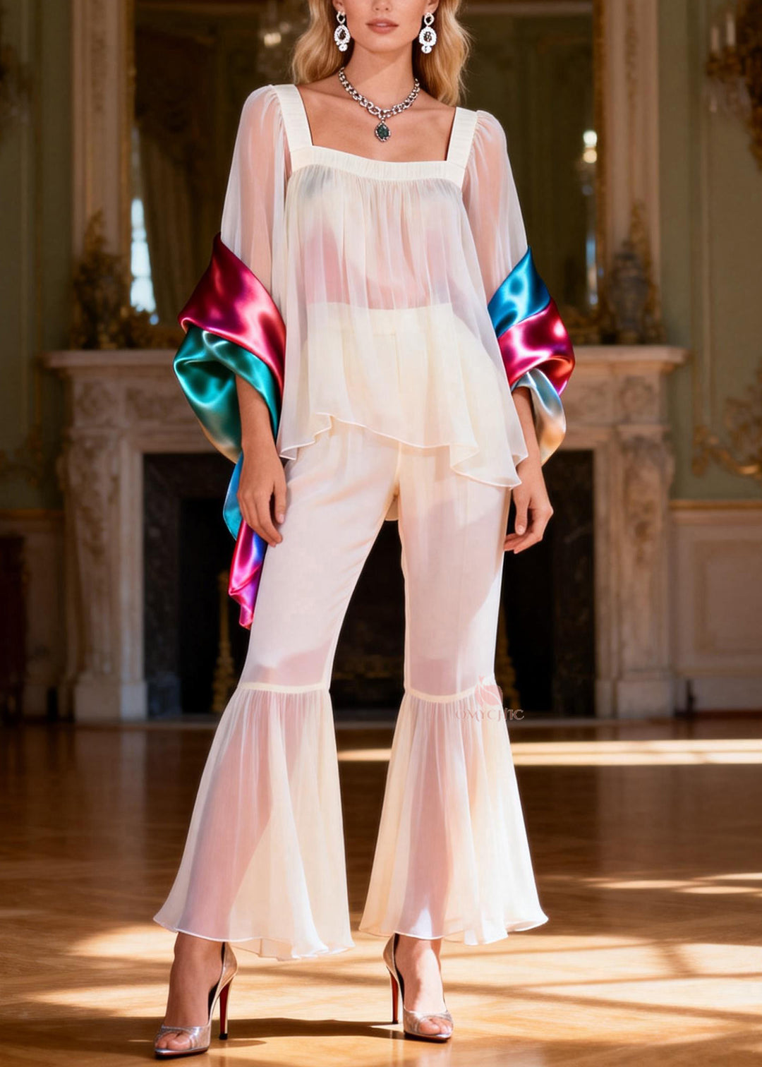 Boutique White Square Collar Patchwork Silk Two Pieces Set Summer