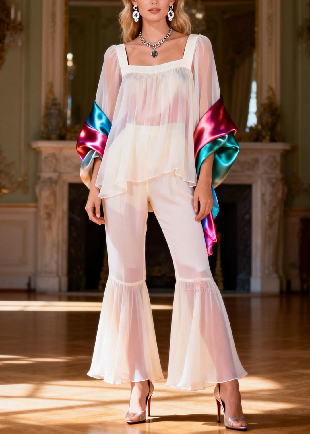 Boutique White Square Collar Patchwork Silk Two Pieces Set Summer