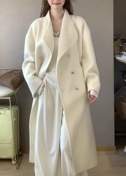 Boutique White Stand Collar Double Breast Woolen Trench Winter
