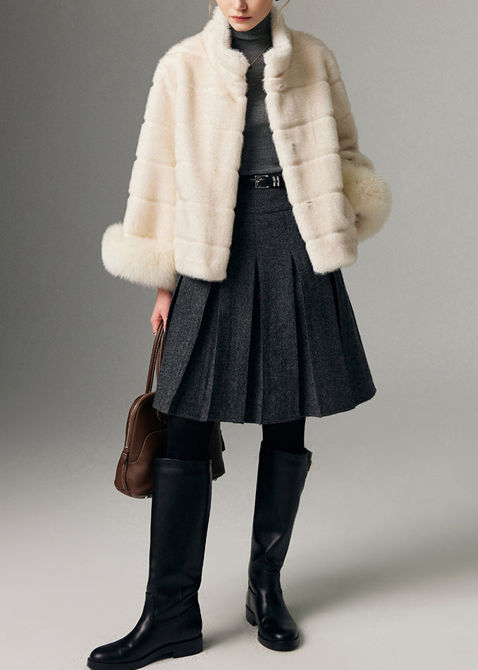 Boutique White Stand Collar Fox Fur Patchwork Mink Velvet Jacket Winter