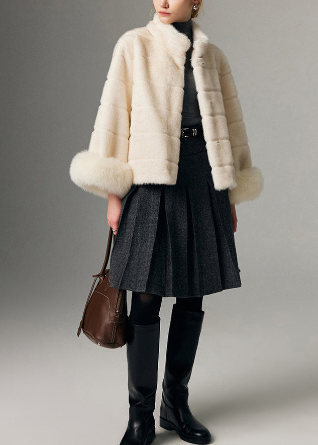 Boutique White Stand Collar Fox Fur Patchwork Mink Velvet Jacket Winter