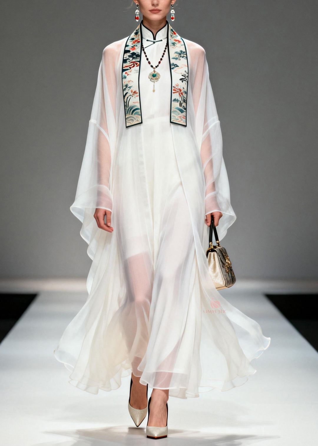 Boutique White Stand Collar Patchwork Chiffon Two Pieces Set Summer