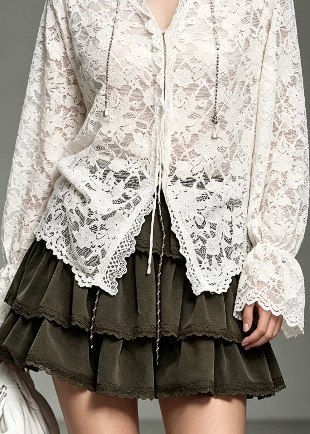 Boutique White V Neck Patchwork Lace Blouse Top Fall