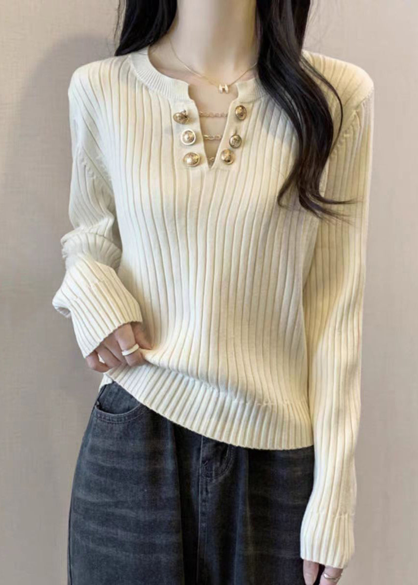 Boutique White V Neck Solid Cotton Knit Sweater Spring