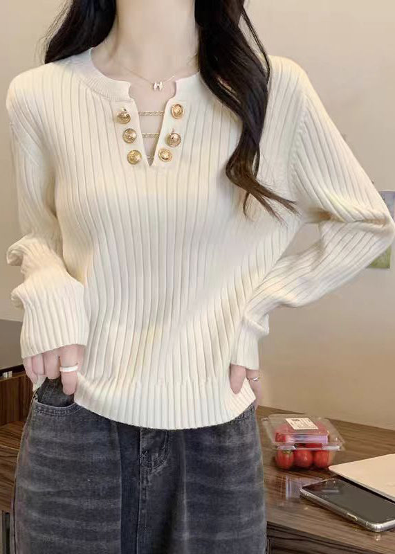 Boutique White V Neck Solid Cotton Knit Sweater Spring