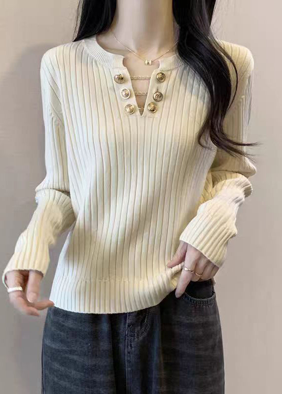 Boutique White V Neck Solid Cotton Knit Sweater Spring