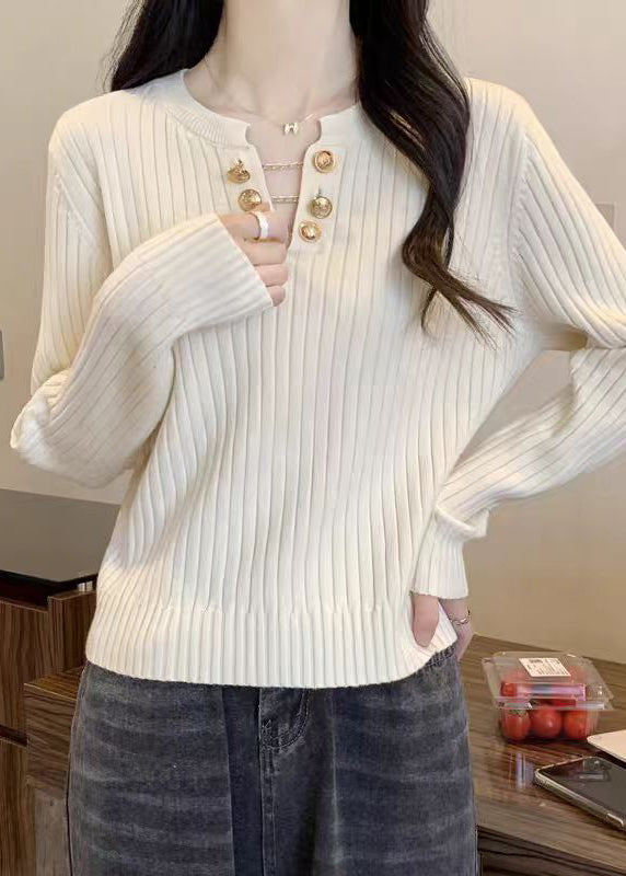 Boutique White V Neck Solid Cotton Knit Sweater Spring