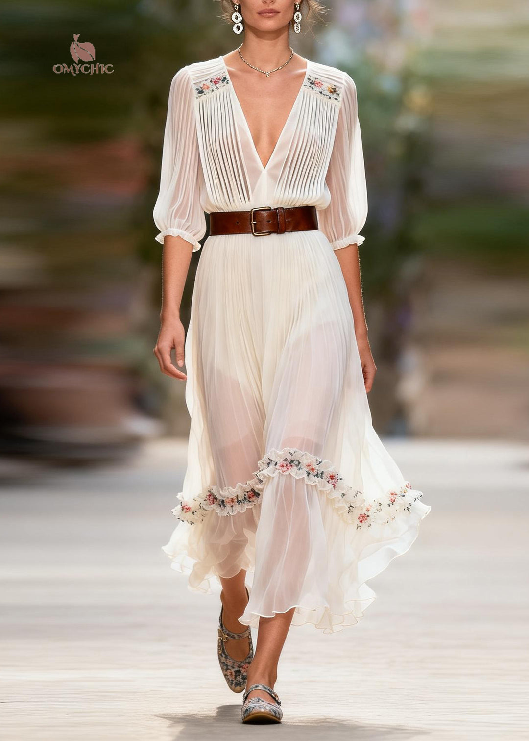 Boutique White V Neck Wrinkled Floral Patchwork Chiffon Dresses Summer