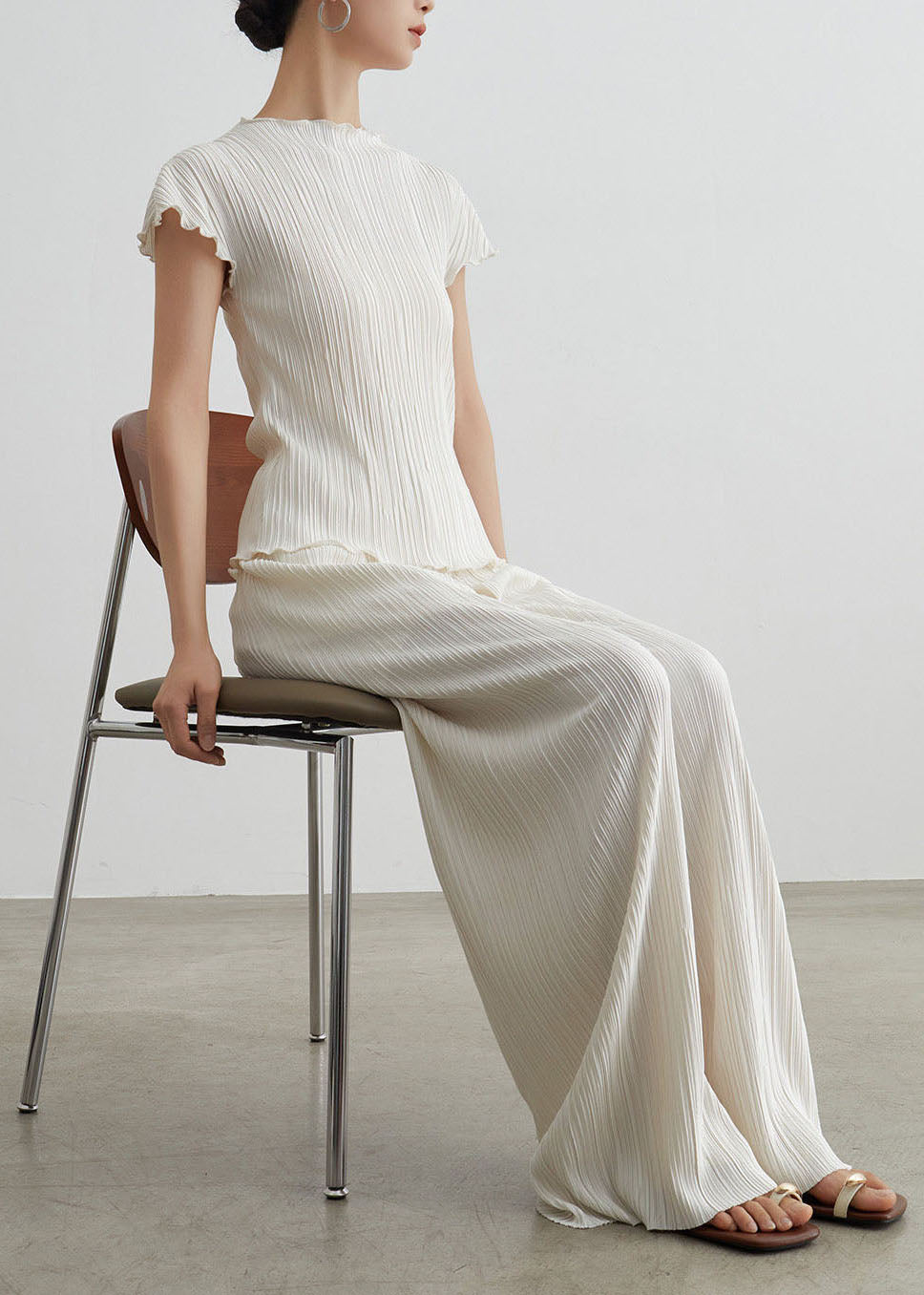 Boutique White Wrinkled T Shirt Pants Cotton Two Pieces Set Summer