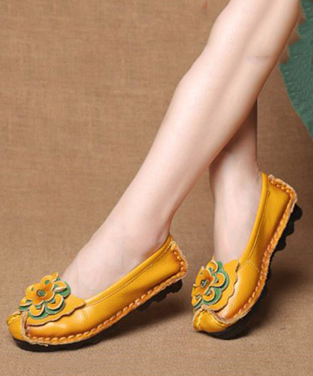 Boutique Yellow Cowhide Leather Flower Splicing Flat Shoes