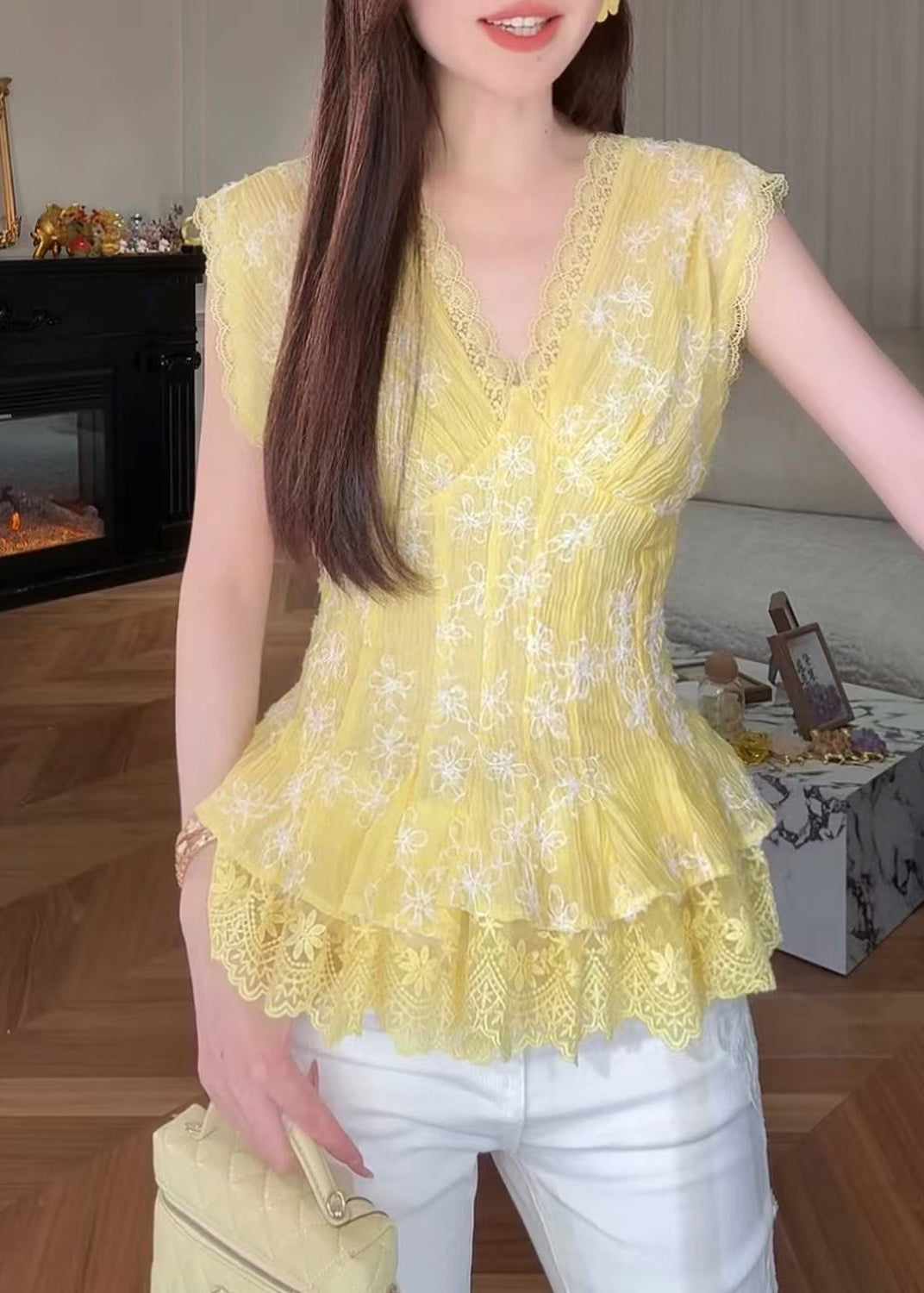 Boutique Yellow Embroidered Lace Patchwork Cotton Shirts Sleeveless