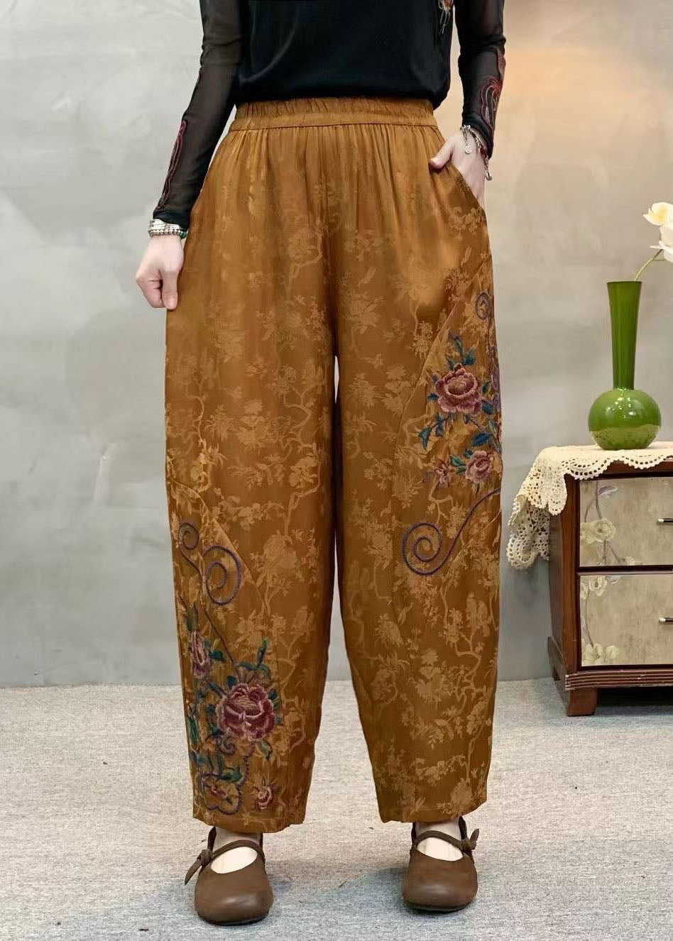 Boutique Yellow Embroidered Pockets Elastic Waist Silk Pants Spring