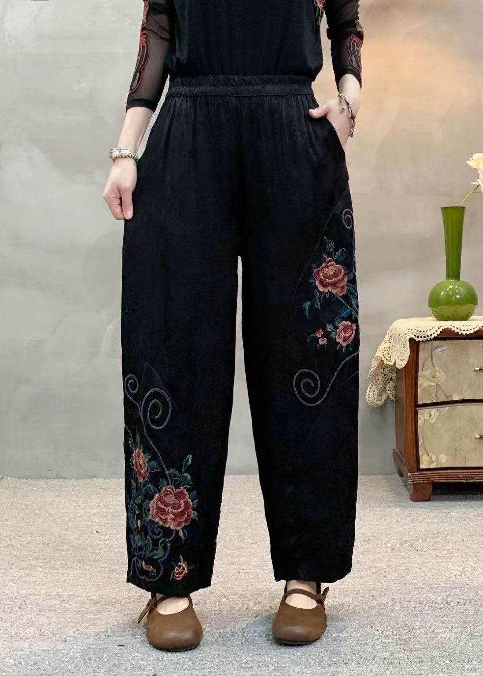Boutique Yellow Embroidered Pockets Elastic Waist Silk Pants Spring