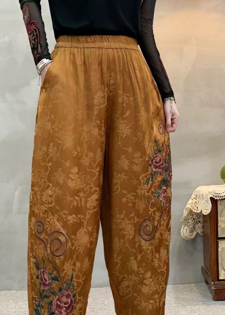 Boutique Yellow Embroidered Pockets Elastic Waist Silk Pants Spring