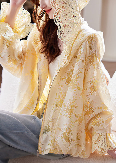 Boutique Yellow Hooded Patchwork Lace Jackets Fall
